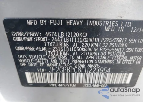 2015 Subaru Xv Crosstrek Hybrid Touring z USA, uszkodzony, nr VIN JF2GPBPC8FH223954